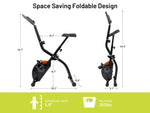 Ativafit foldable exercise bike with dimensions and user height suitability on a white background