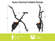 Ativafit foldable exercise bike with dimensions and user height suitability on a white background