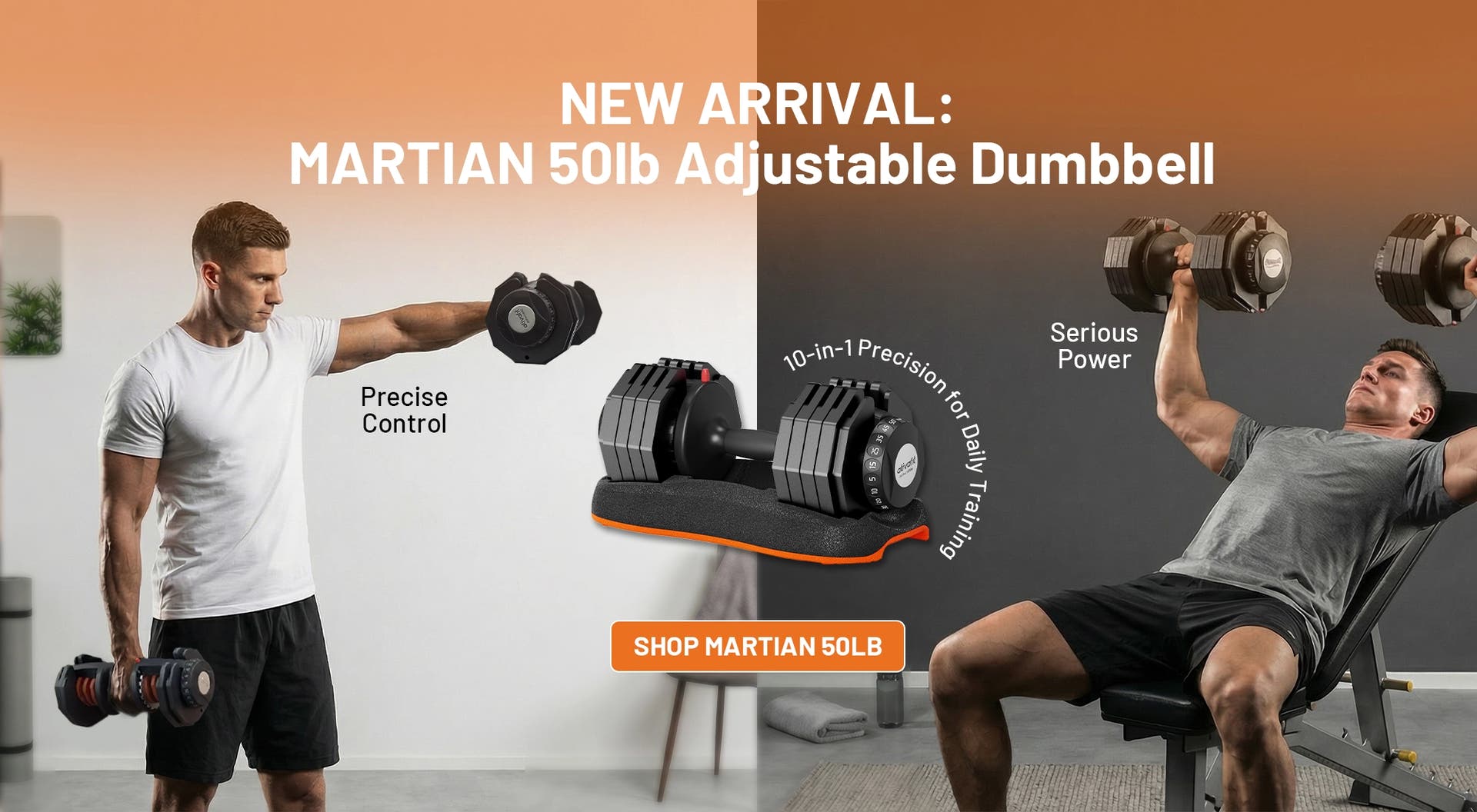 Advertisement for Martian 50lb adjustable dumbbell with two people using it.