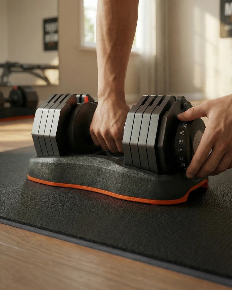 Person adjusting a pair of adjustable dumbbells on a stand in a home gym.