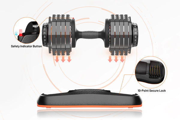 Black and orange adjustable dumbbell with safety indicator button and 10-point secure lock features.