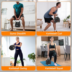 Users performing sumo deadlift, curl, swing, and squat exercises with Ativafit Adjustable Kettlebell 5-44 lbs for full-body workouts.