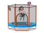Child playing inside a  trampoline with basketball hoop and sports ball toys on a white background