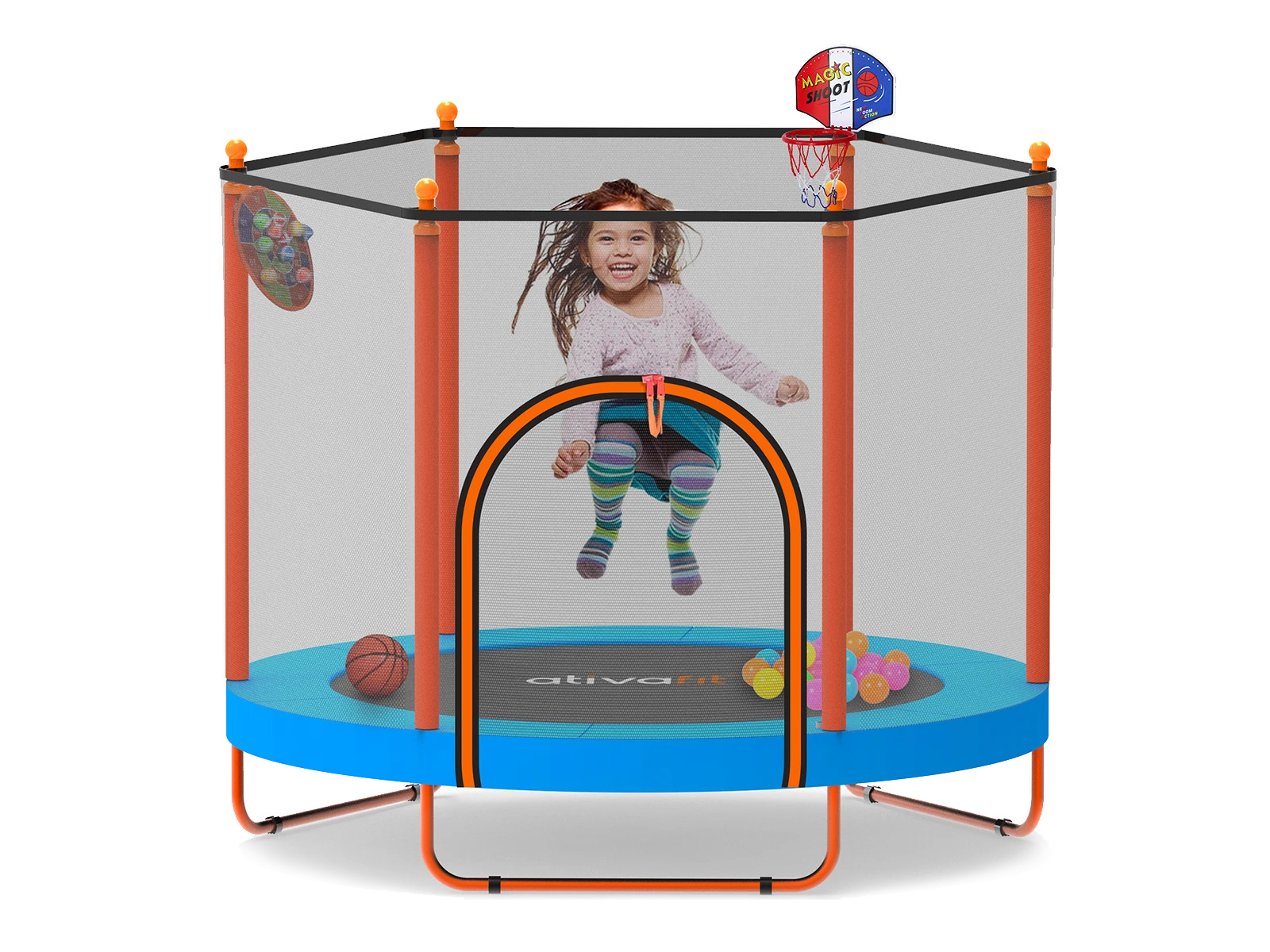Child playing inside a  trampoline with basketball hoop and sports ball toys on a white background