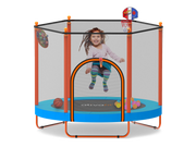 Child playing inside a  trampoline with basketball hoop and sports ball toys on a white background