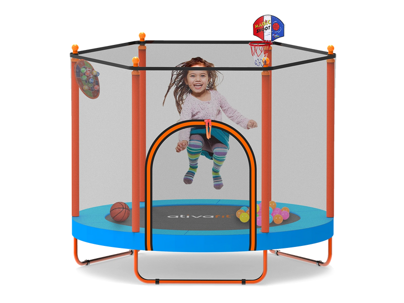 Child playing inside a  trampoline with basketball hoop and sports ball toys on a white background