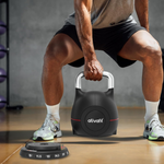Man using Ativafit Adjustable Kettlebell 5-44 lbs in gym setting, demonstrating its versatility and compact design for strength training.