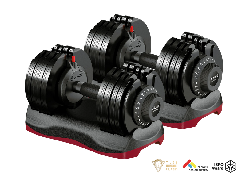 Pair of Ativafit 66 lb adjustable dumbbells on a white background with certification logos.