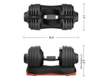 Pair of adjustable dumbbells with dimensions on a white background