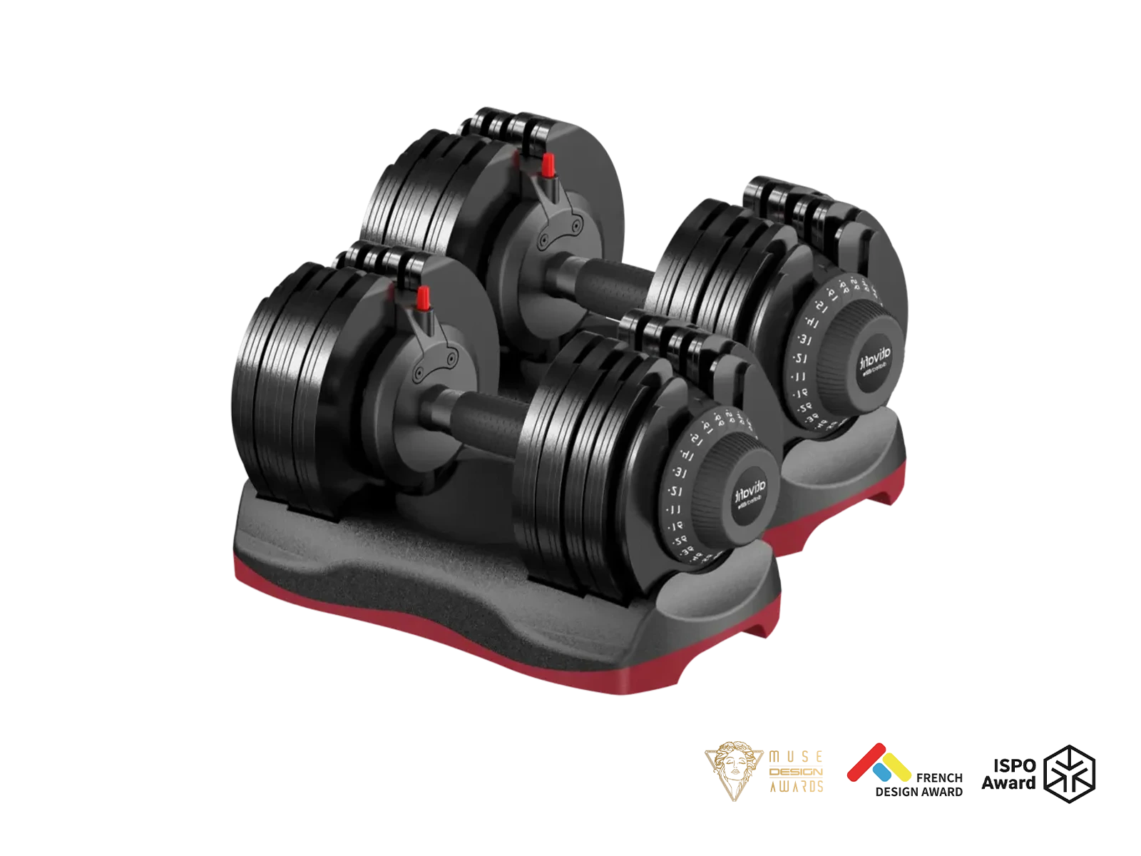 Pair of adjustable dumbbells on a white background with ISO and French Design Award logos.