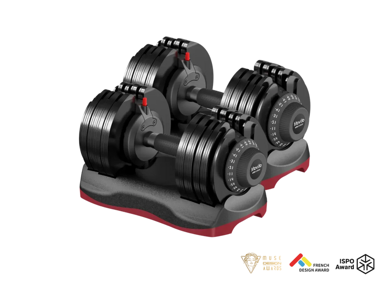 Pair of adjustable dumbbells on a white background with ISO and French Design Award logos.