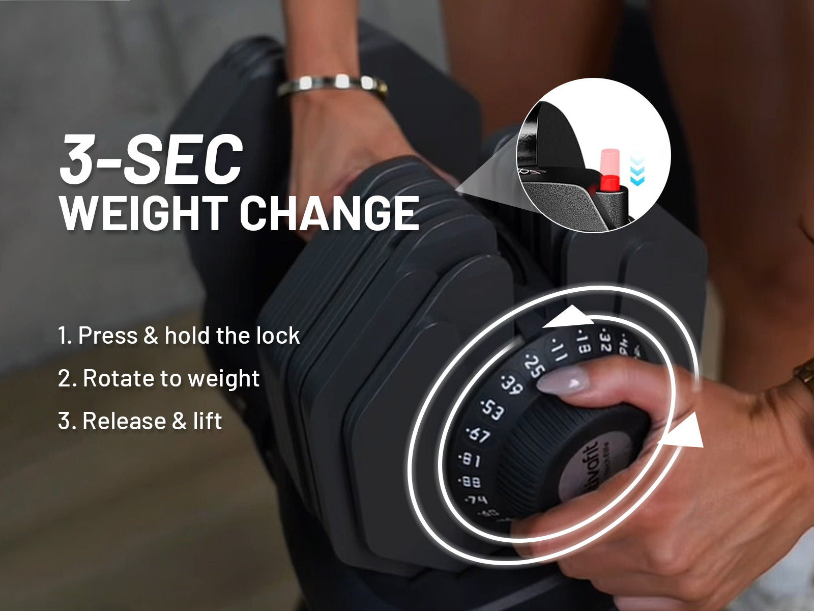 Person adjusting a weightlifting adjustable dumbbell with instructions on weight change.