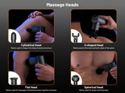 Various massage heads including cylindrical, U-shaped, flat, and spherical for muscle relief