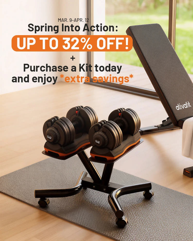 ativafit adjustable dumbbell set on a stand with fitness bench in a home gym setting, promotional text overlay.