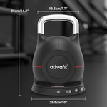 Dimensions of Ativafit Adjustable Kettlebell 5-44 lbs shown with height and width, perfect for space-saving home fitness routines.
