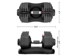 Pair of adjustable dumbbells with dimensions on a white background