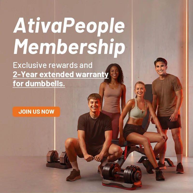Advertisement for AtivaPeople Membership with people holding dumbbells in a gym setting.