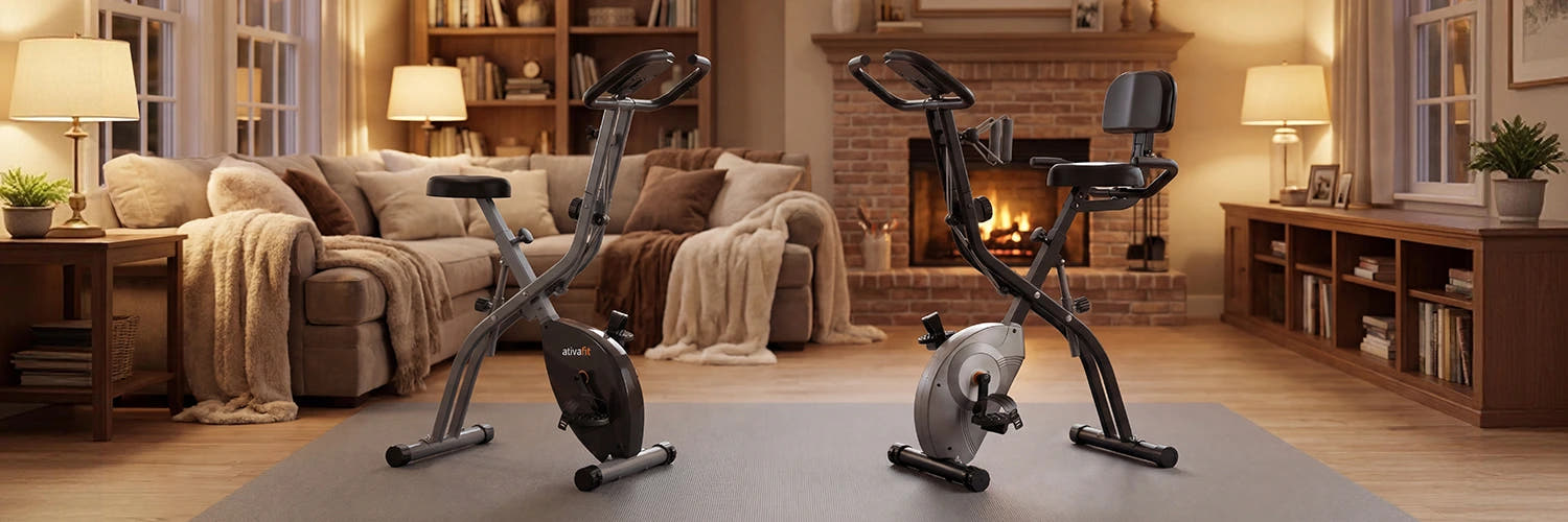 Two exercise bikes in a living room with a fireplace and bookshelves.