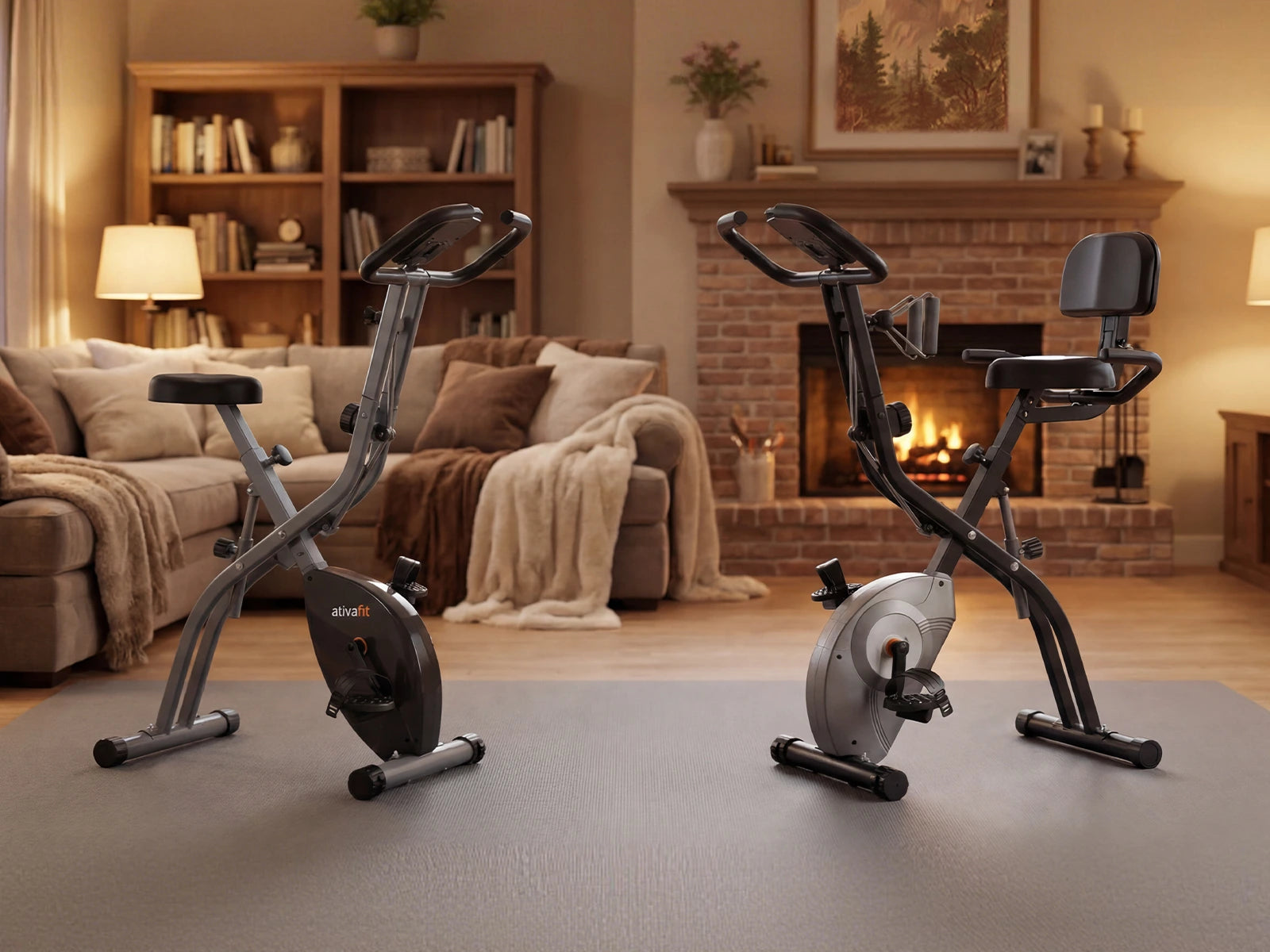 Two exercise bikes in a living room with a fireplace.