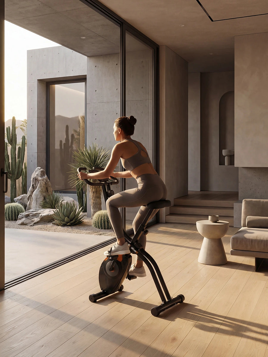Woman exercising on a stationary bike in a modern indoor setting with large windows and desert view.