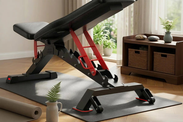 Adjustable weight bench in a home setting with a window and plants in the background.