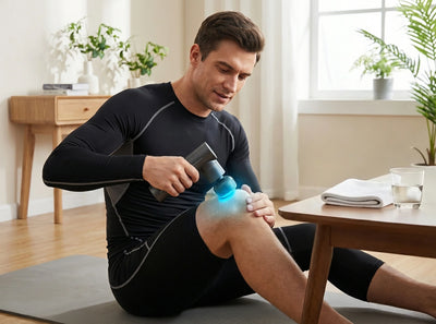 Man applying a massage gun to his leg in a living room setting