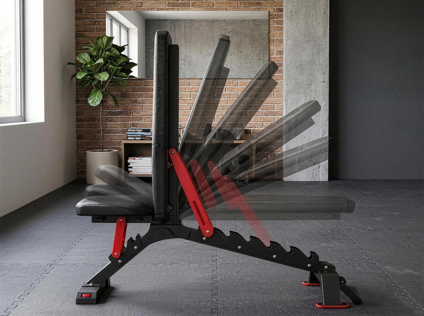 Adjustable weight bench in a home gym setting with a window and plant in the background.