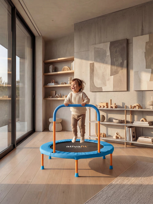 Child playing on a blue trampoline in a modern living room.