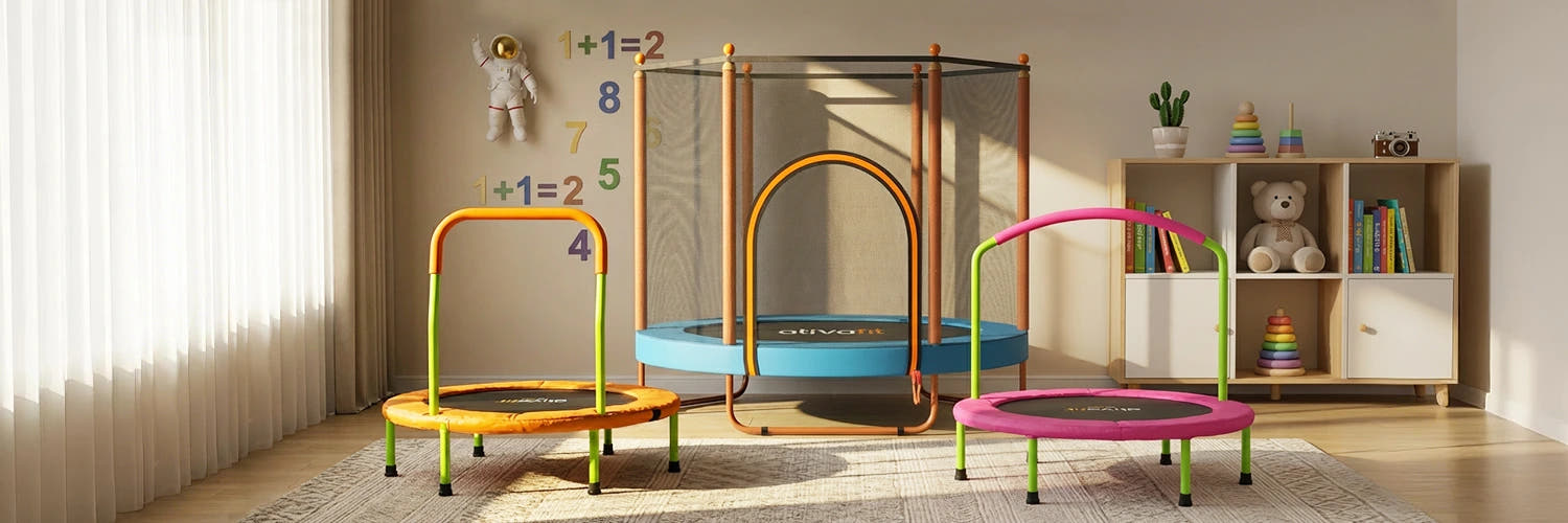 Set of colorful trampolines in a room with toys and books.