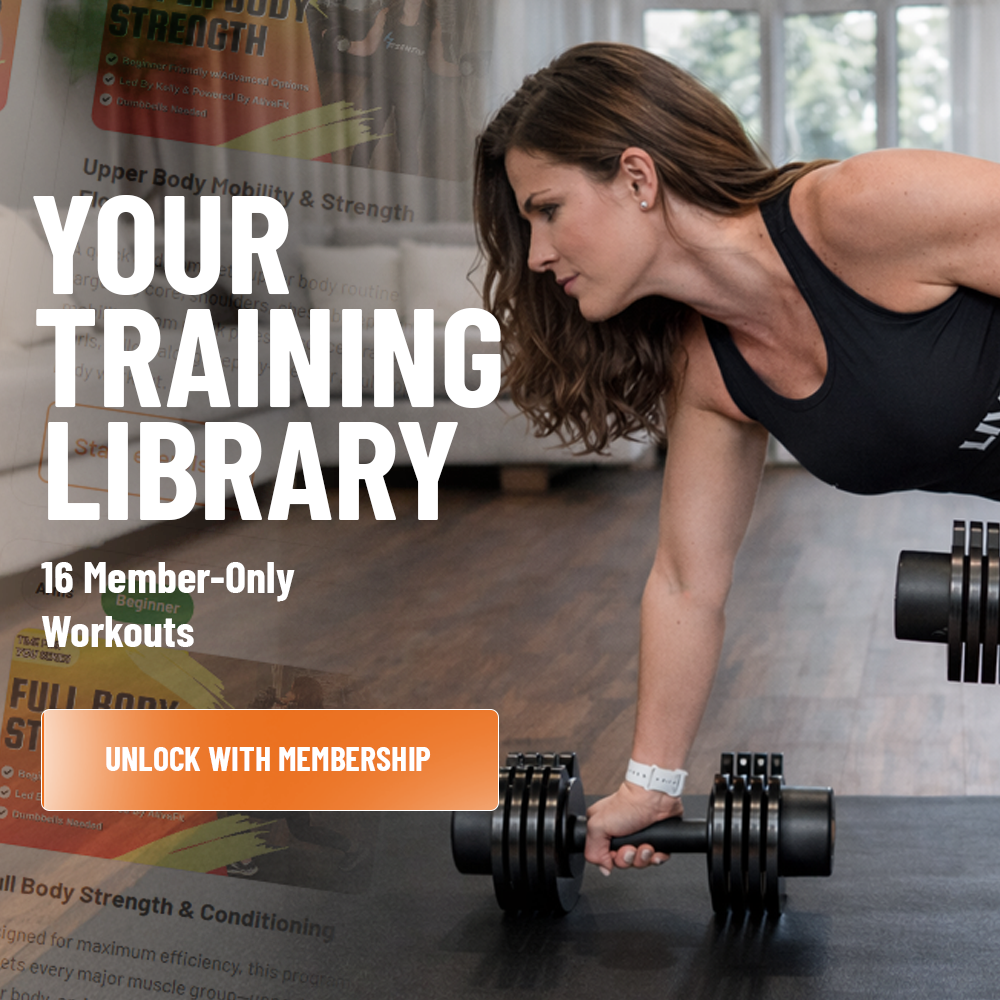 Woman exercising with dumbbells in a home setting, promoting a training library membership.
