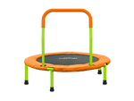 Orange and green trampoline with handle on a white background