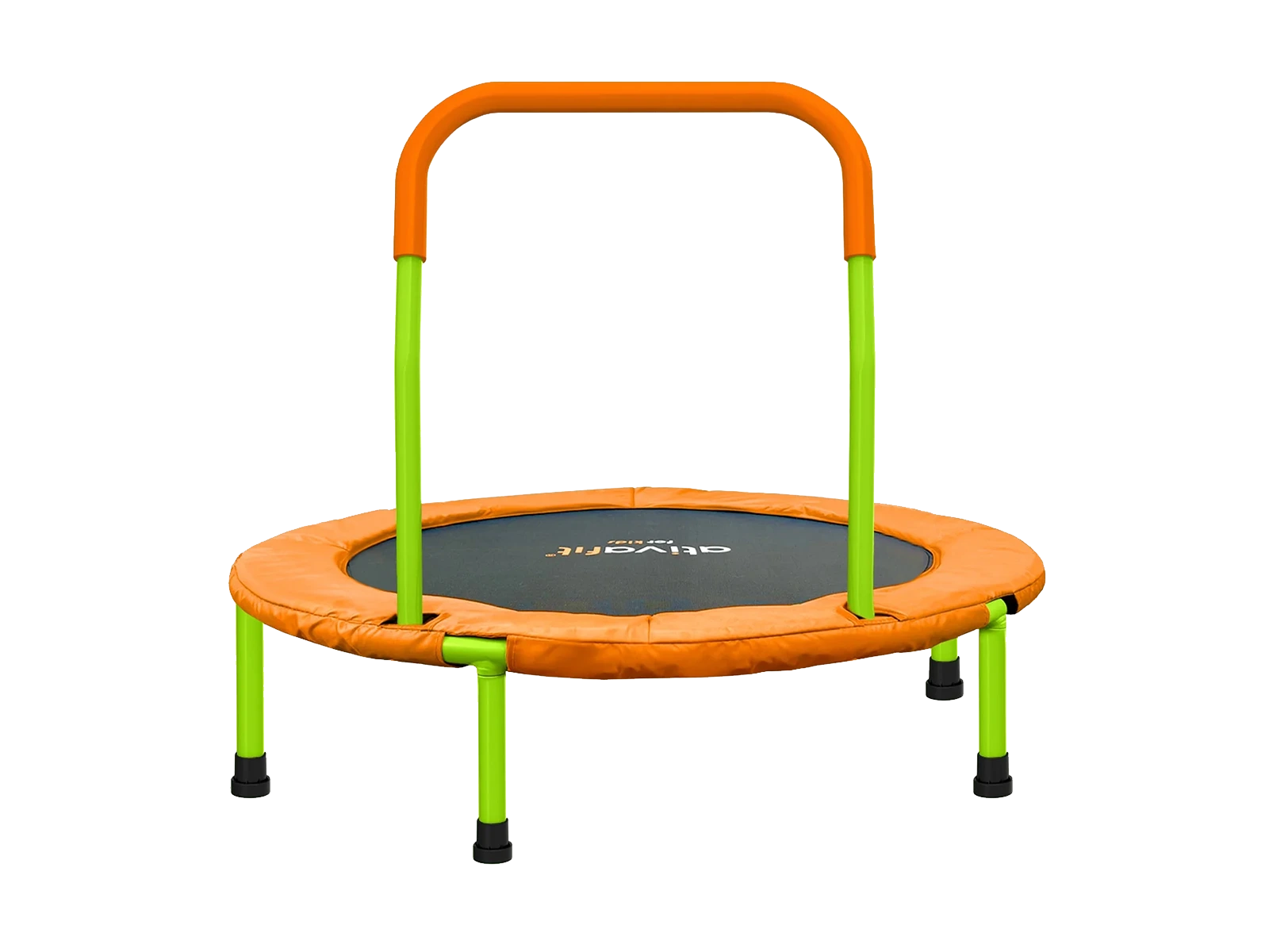 Orange and green trampoline with handle on a white background