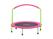Pink and green trampoline with handle on a white background