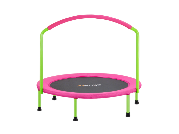Pink and green trampoline with handle on a white background
