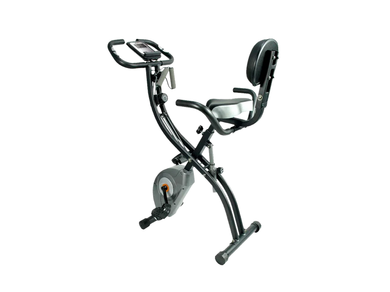 Black exercise bike on a white background