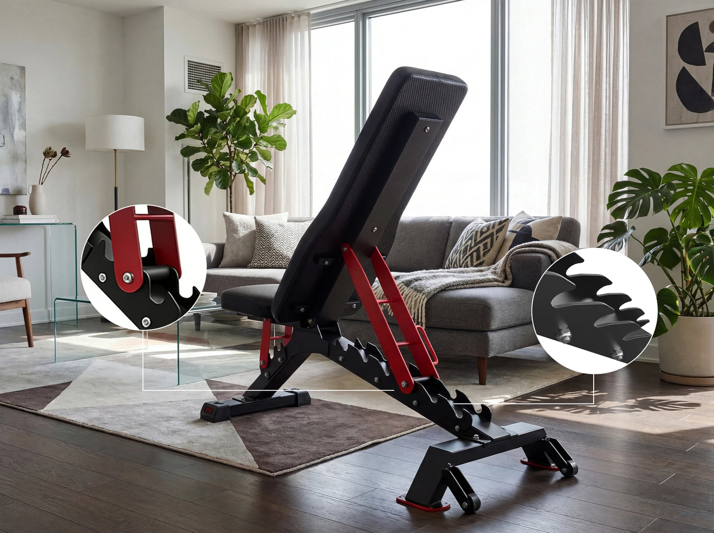 Adjustable workout bench in a living room setting with a couch and plants.