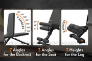 Gym bench with adjustable angles and heights for backrest, seat, and leg.