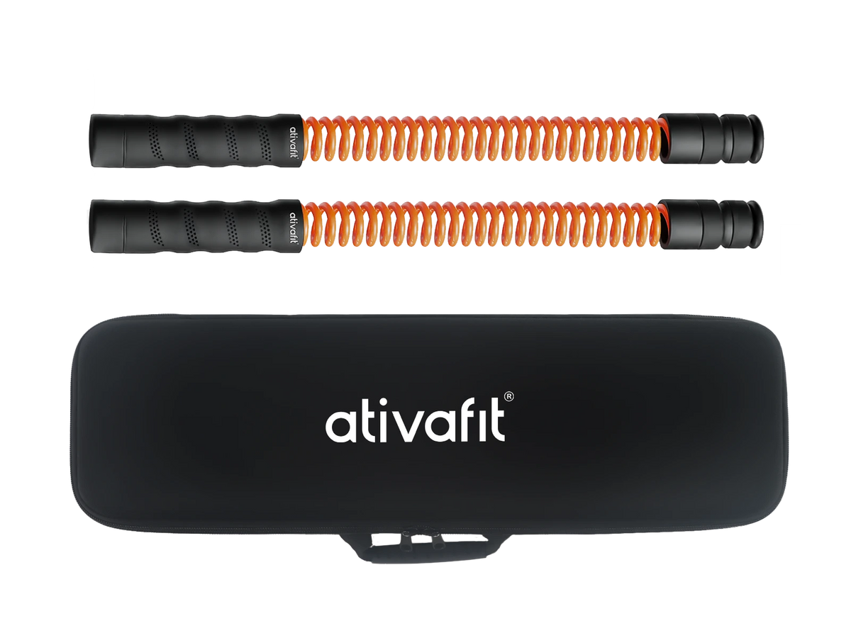 Black and orange spring ropeless battle ropes with 'ativafit' branding on a white background