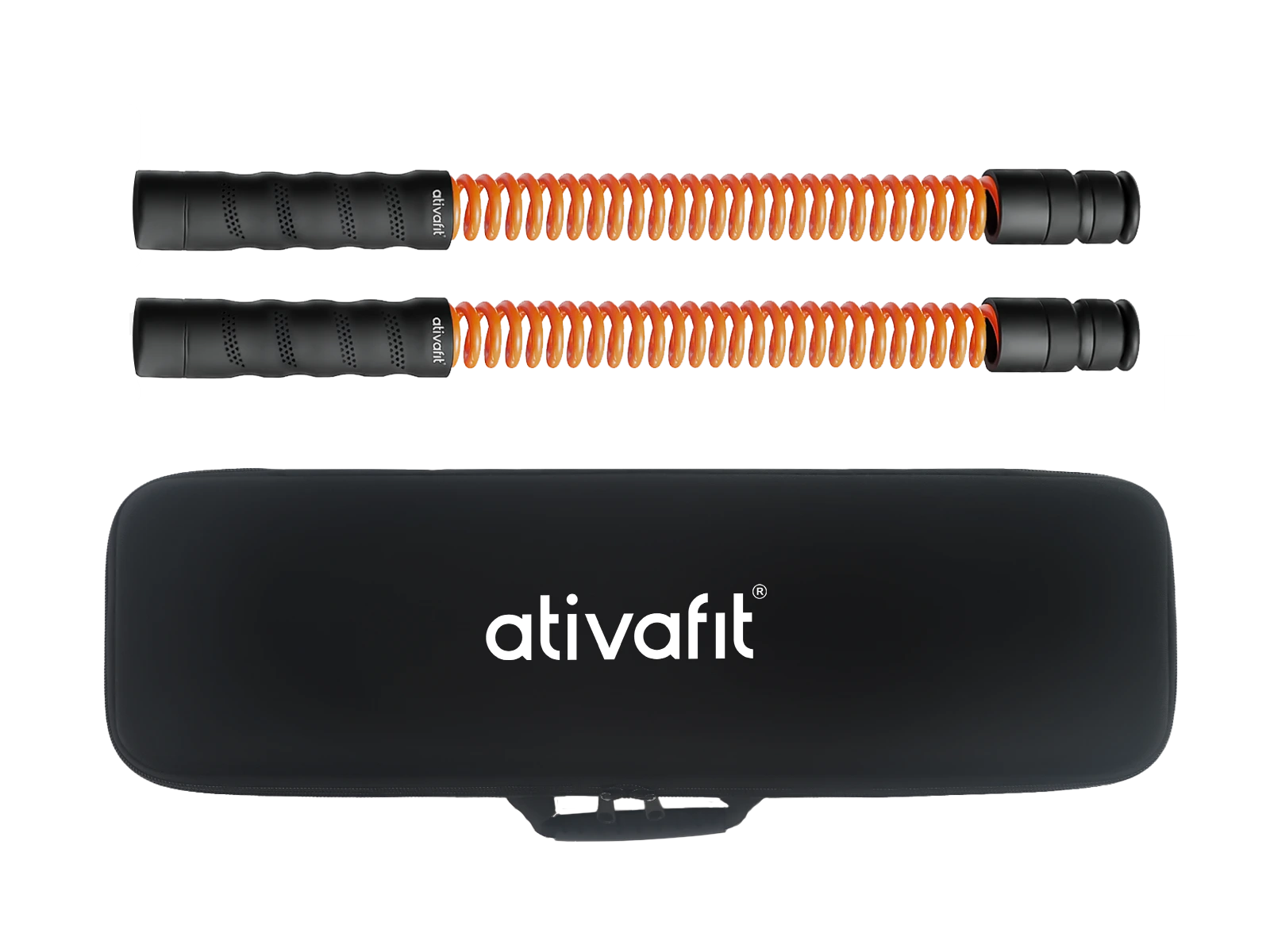 Black and orange spring ropeless battle ropes with 'ativafit' branding on a white background