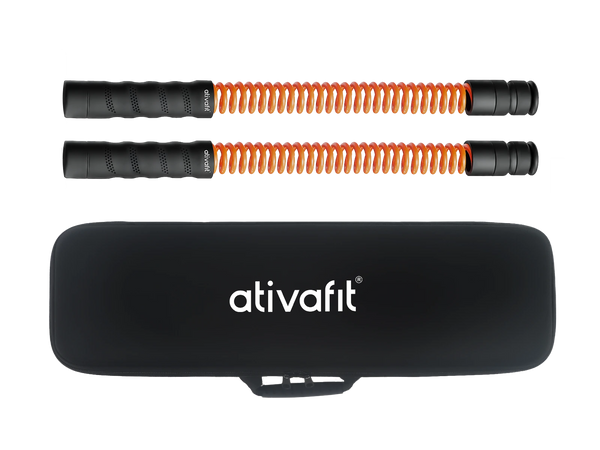 Black and orange spring ropeless battle ropes with 'ativafit' branding on a white background