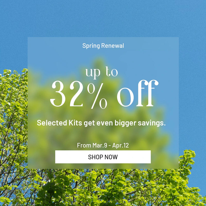 Promotional banner for 'Spring Renewal' sale with trees and blue sky in the background