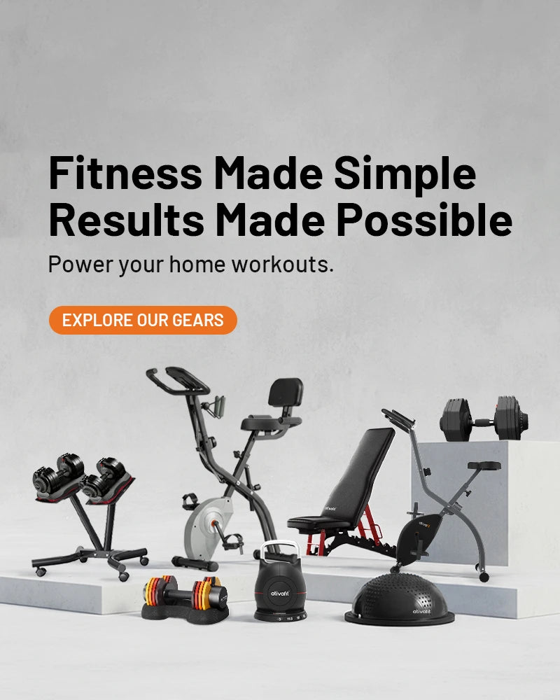 Fitness equipment set with text 'Fitness Made Simple Results Made Possible' on a gray background