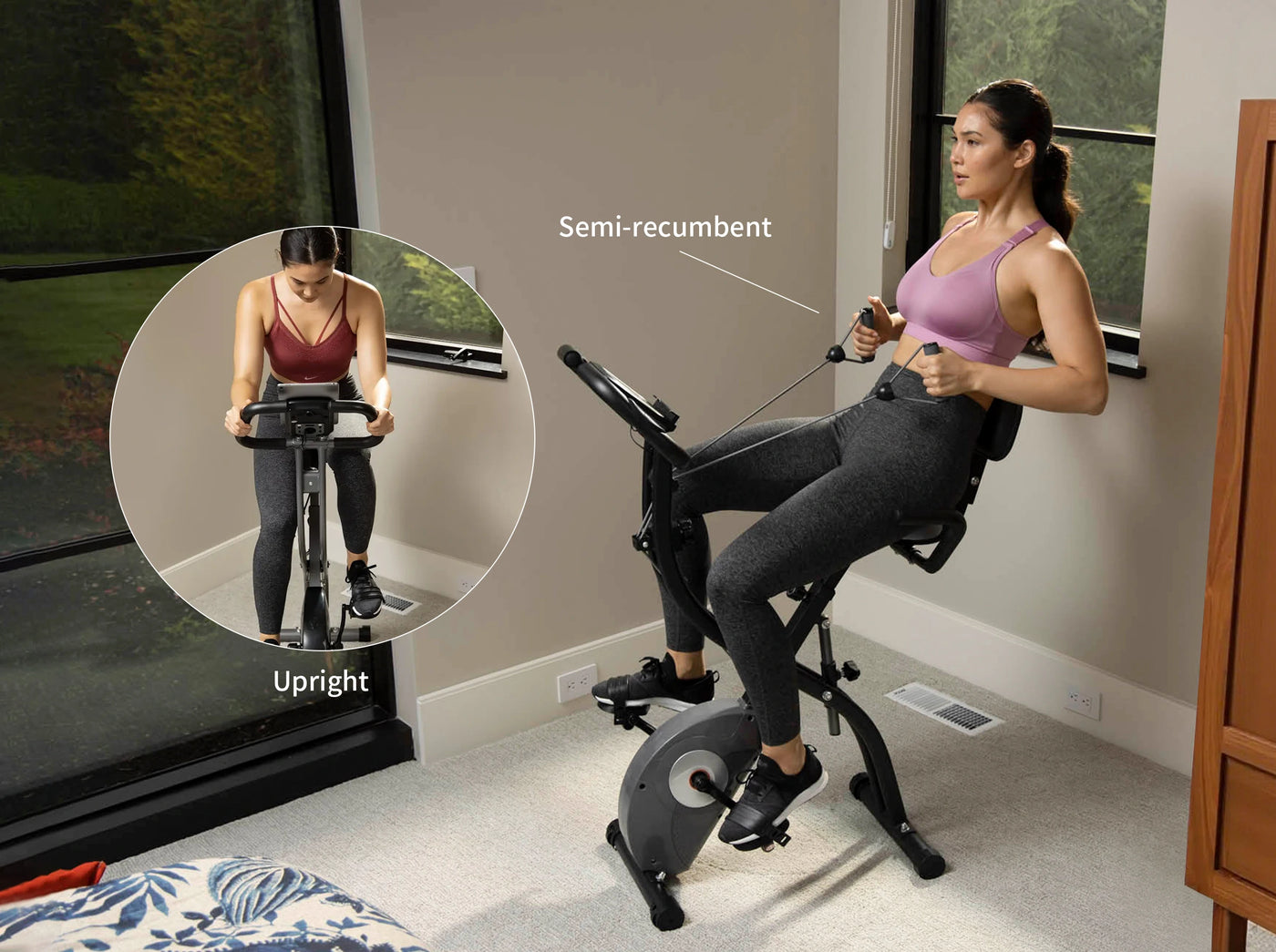 Woman exercising on a stationary bike in a home setting with a close-up inset showing different riding positions.