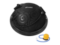 Black exercise ball with pump on a white background, featuring the 'ativafit' brand.