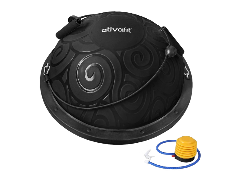 Black exercise ball with pump on a white background, featuring the 'ativafit' brand.