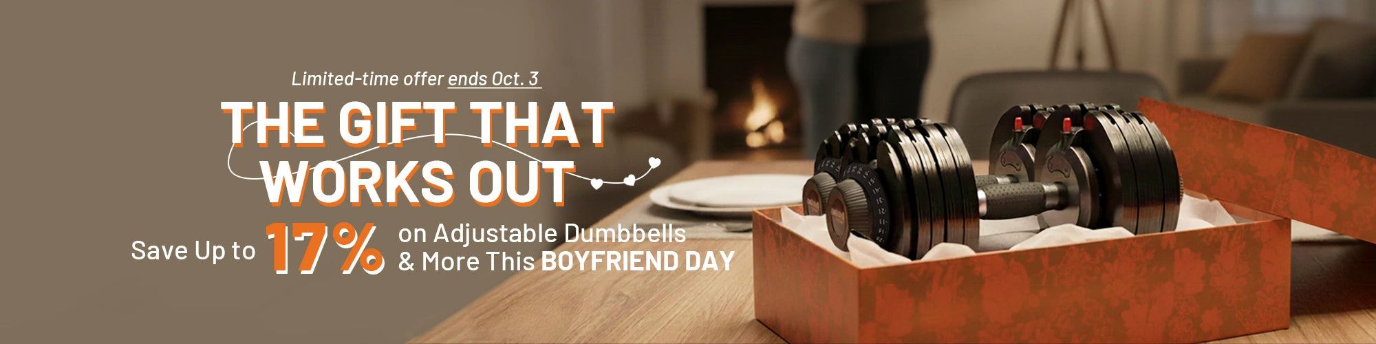 Adjustable dumbbells in a box with special savings for National Boyfriend Day offer.