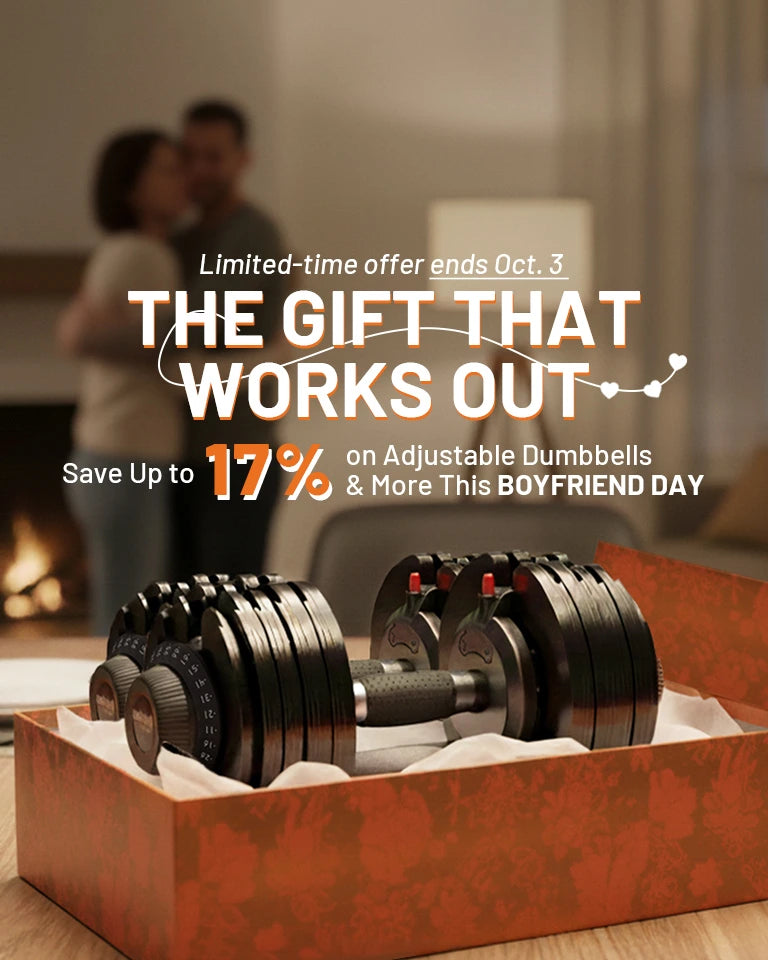 Adjustable dumbbells in a box with special savings for National Boyfriend Day offer.