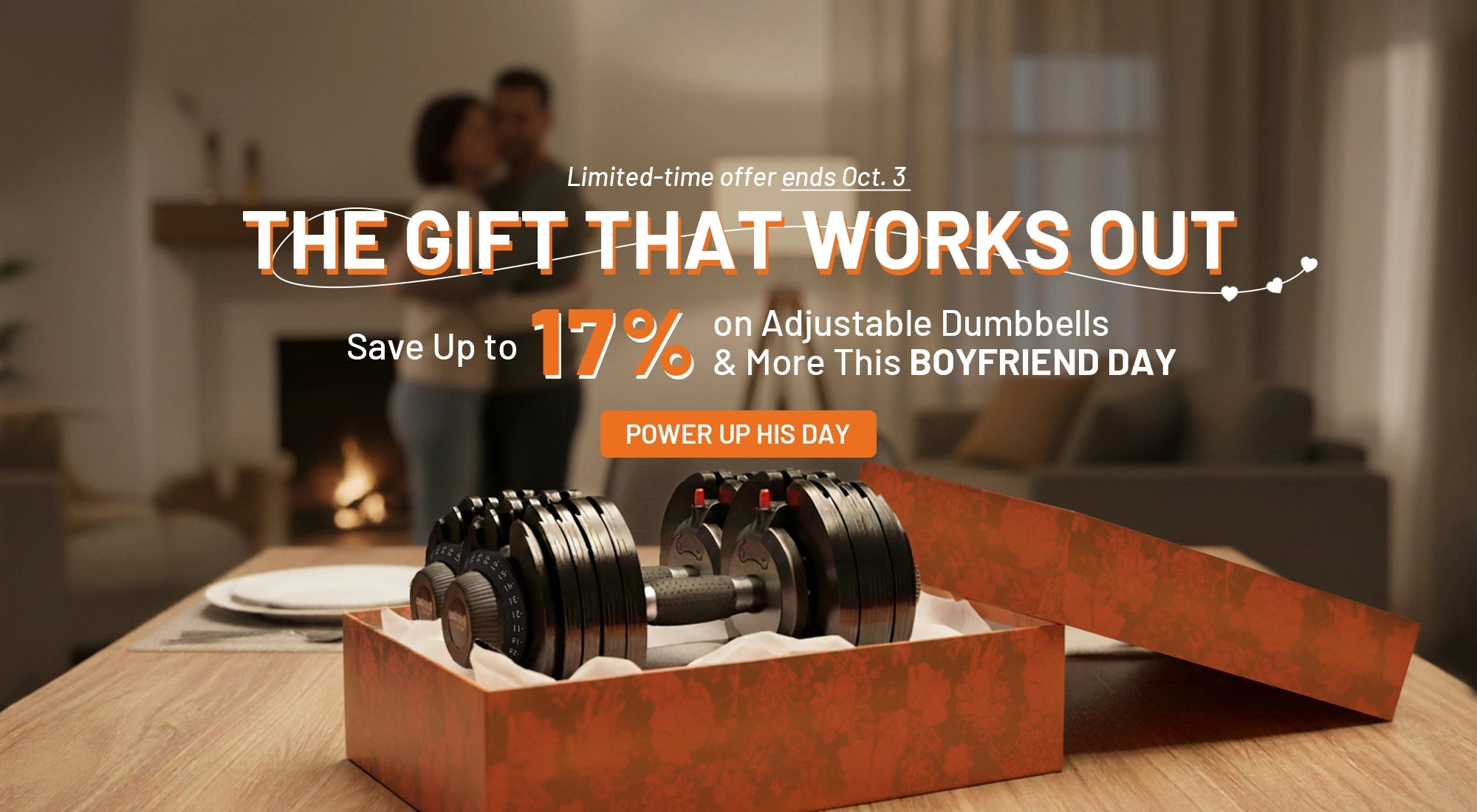 Adjustable dumbbells in a box with special savings for National Boyfriend Day offer.