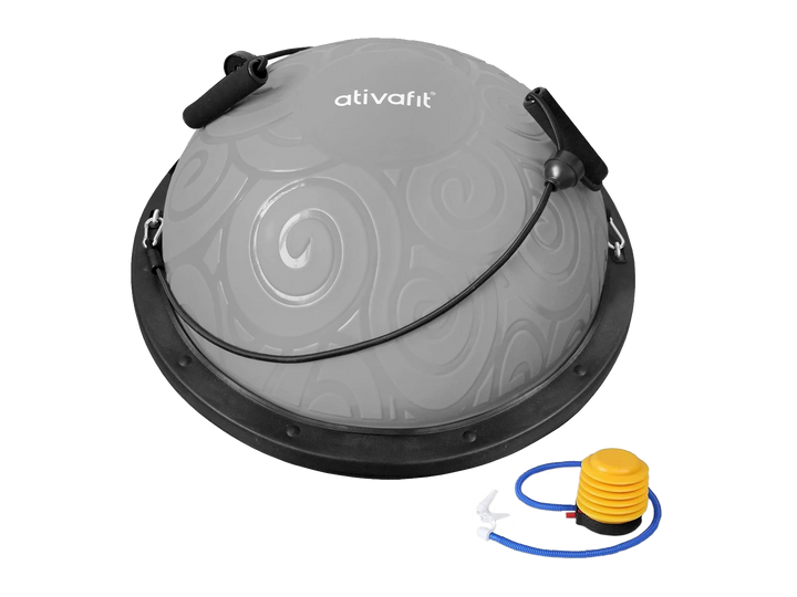 Gray exercise balance ball with black handle and pump on a white background