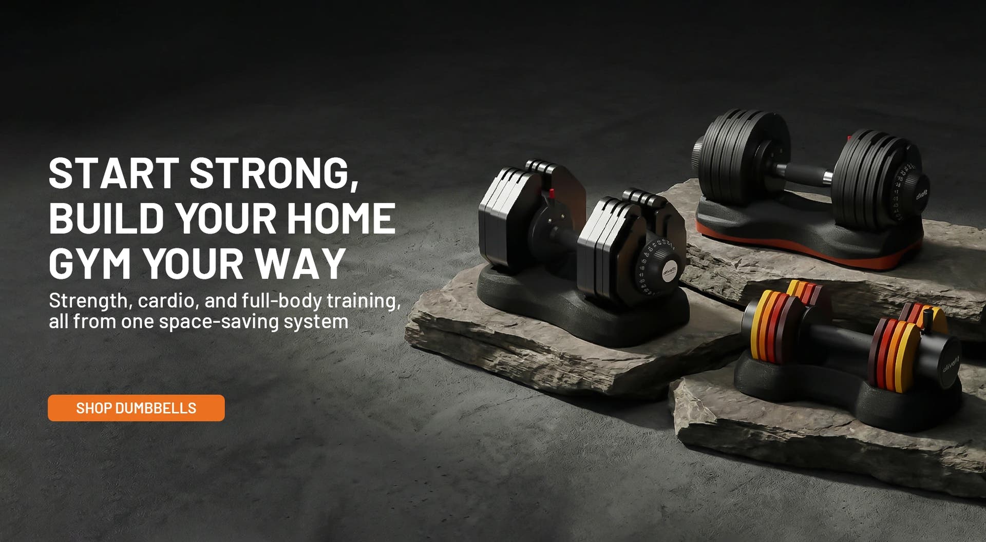 Dumbbells on a dark surface with promotional text for a home gym system.